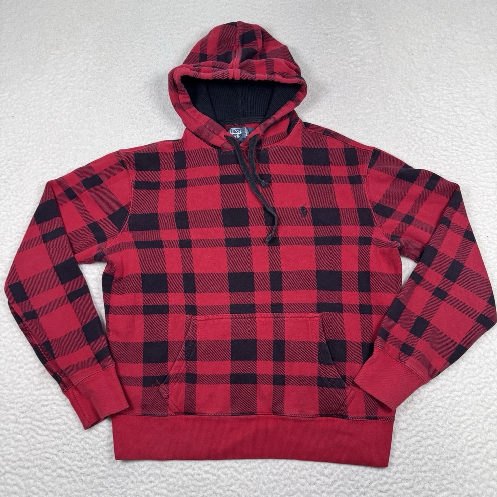 Polo‎ Ralph Lauren Hoodie Mens M Buffalo Plaid Pullover Kangaroo Waffle Hood VTG